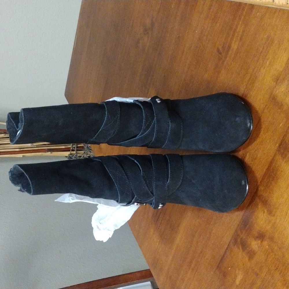 Black suede buckle boots